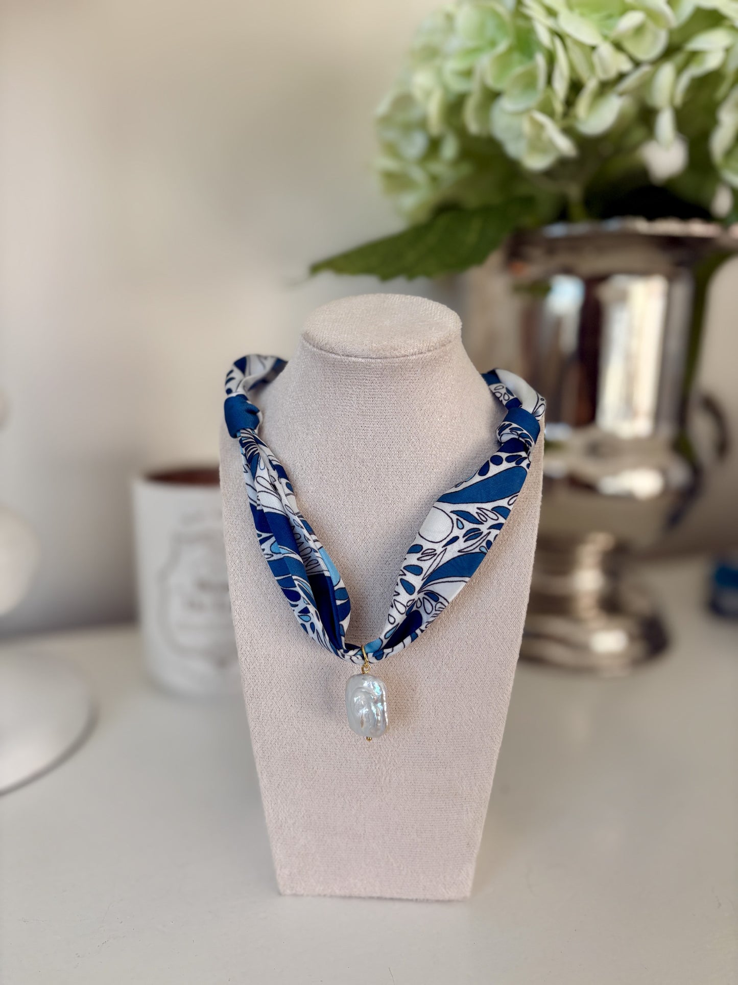Pearly Blues Scarf Necklace - Ocean Floral