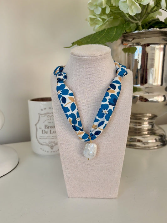 Pearly Blues Scarf Necklace - Teal Floral